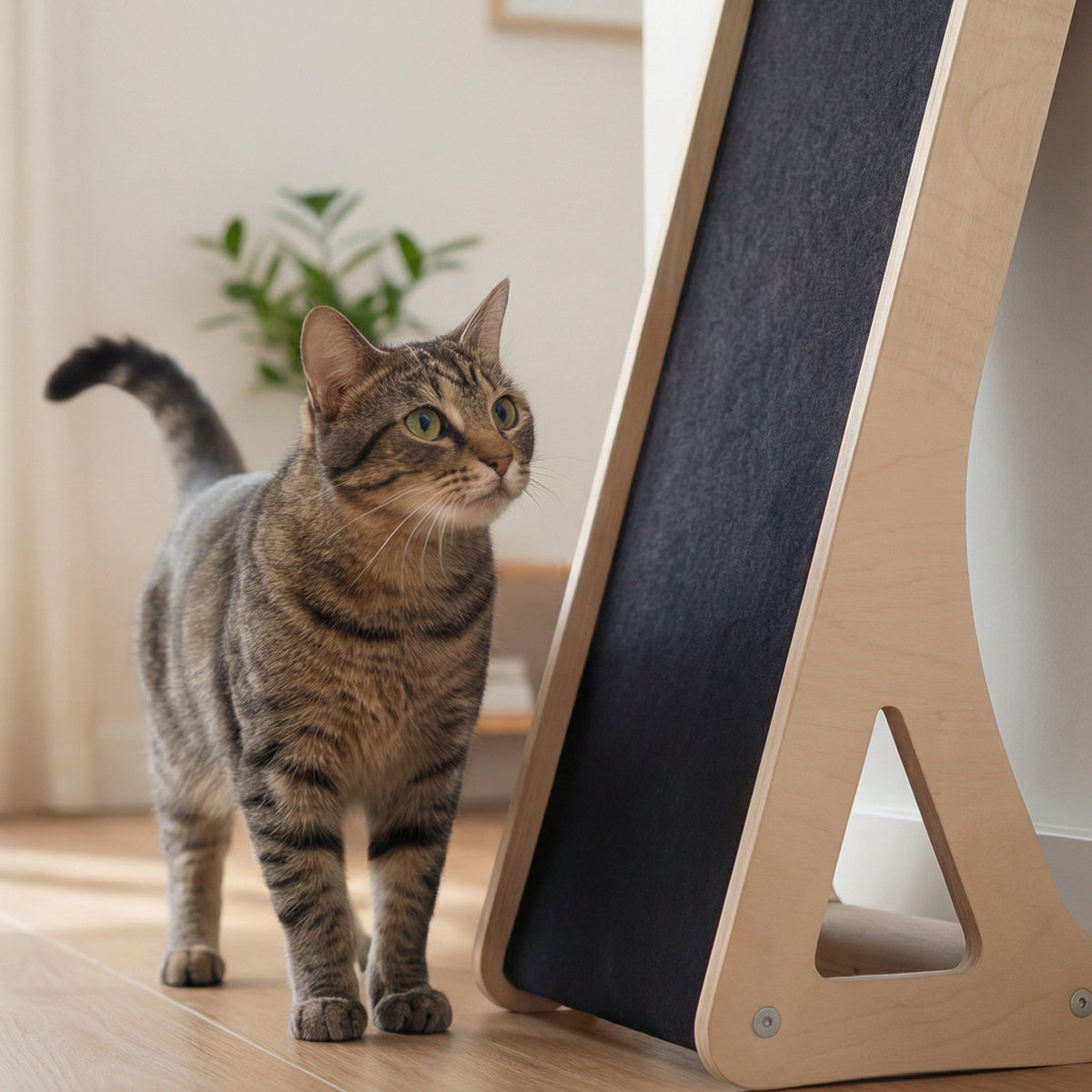 Cat standing next to a wooden and fabric cat shelf in a home setting