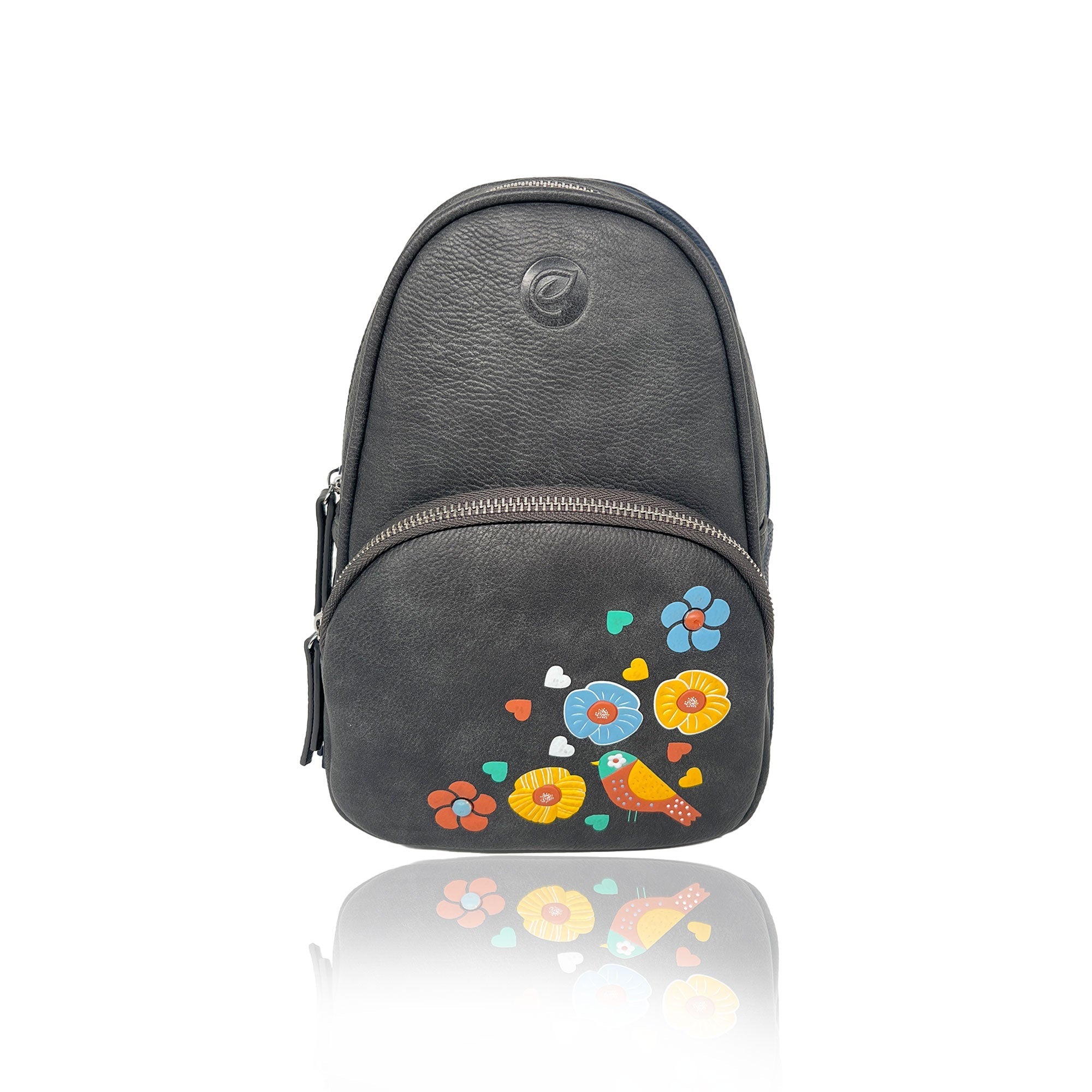 Black backpack with colorful floral designs on a white background