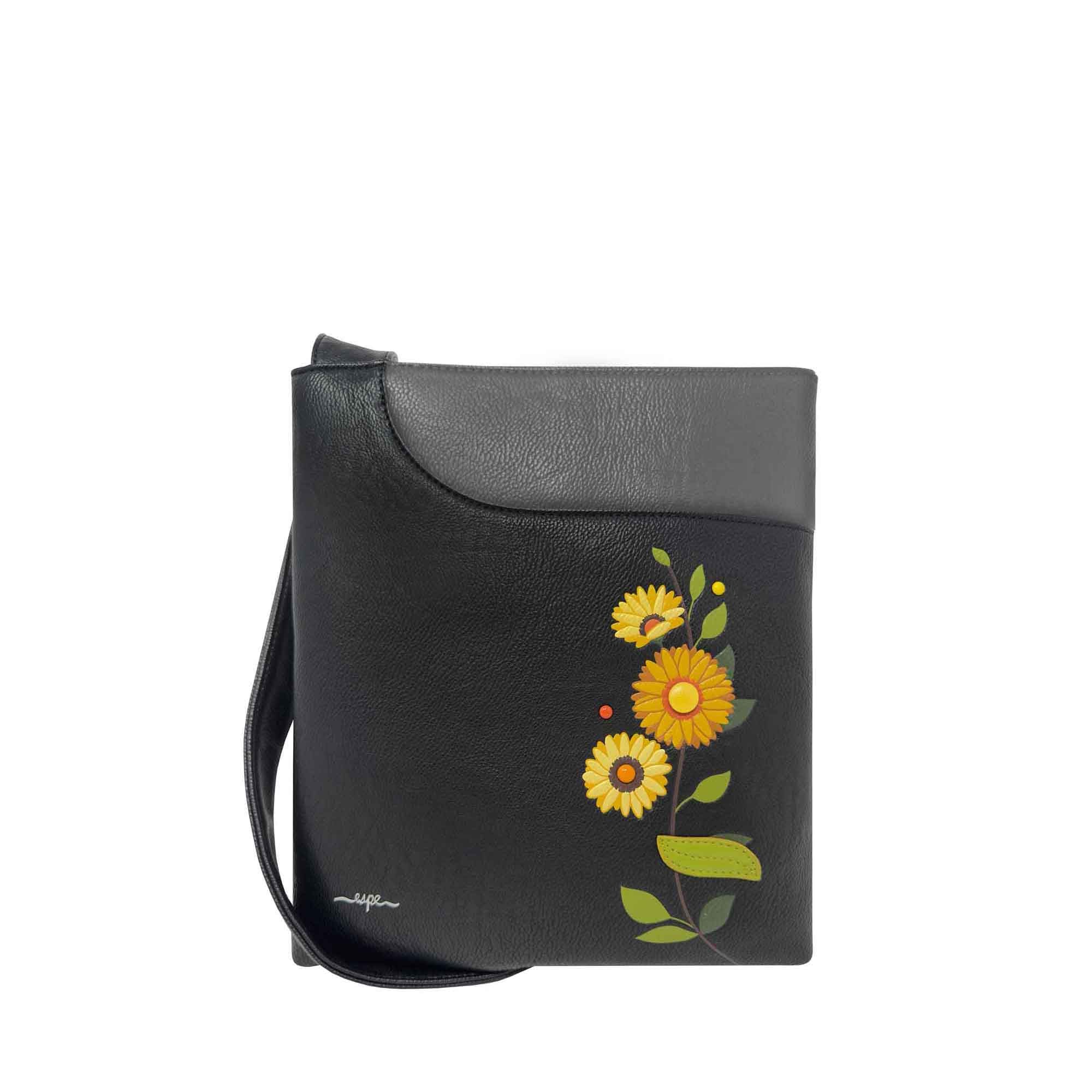 Black Espe Vegan Corp crossbody bag with yellow floral design on a white background