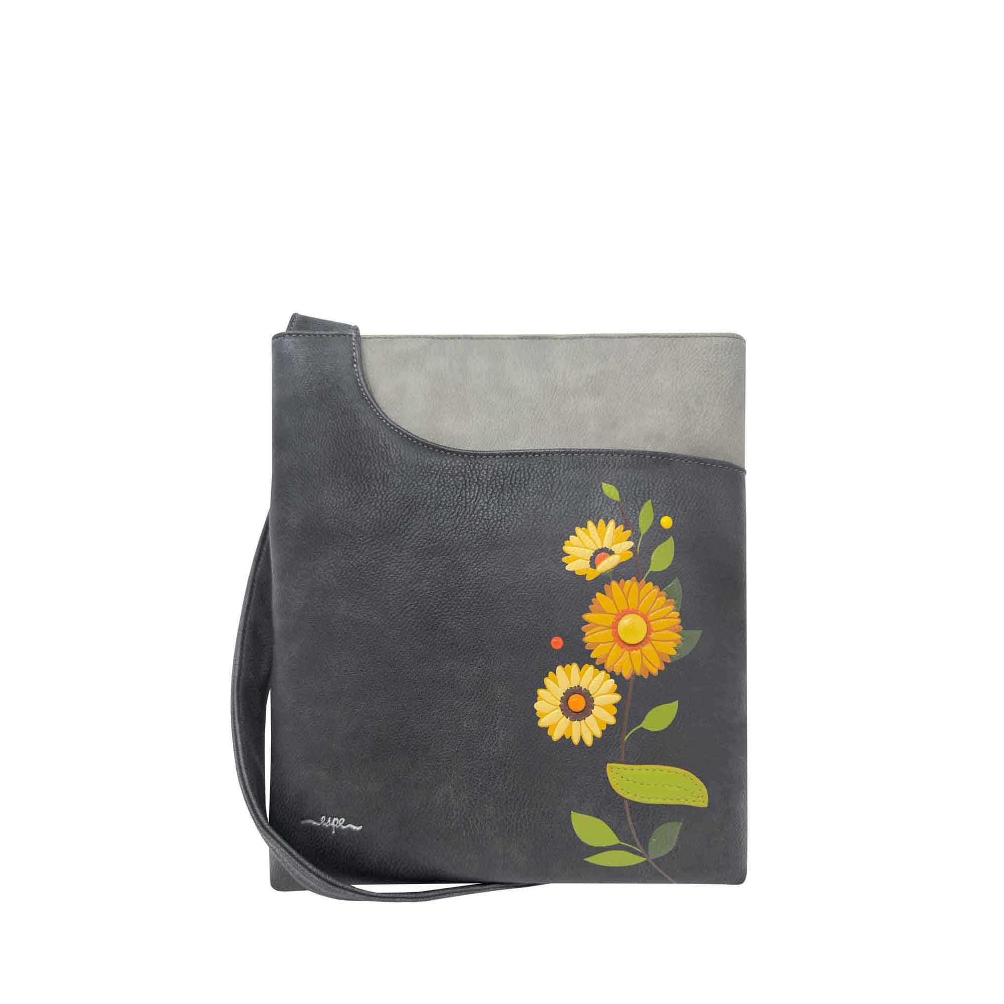 A dark gray faux-leather shoulder bag with a light gray top flap, decorated with a yellow and orange sunflower and green leaf illustration on the front.Espe Vegan Corp 