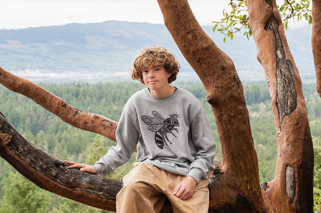 Person sitting in a large tree with a scenic landscape in the background