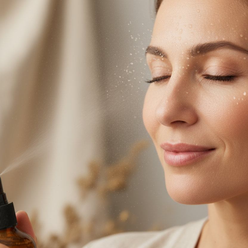 Woman applying LISA NOTO Toning Floral Water to her face with a neutral background