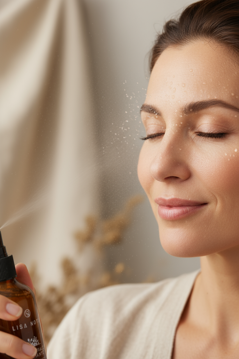 Woman applying LISA NOTO Toning Floral Water to her face with a neutral background
