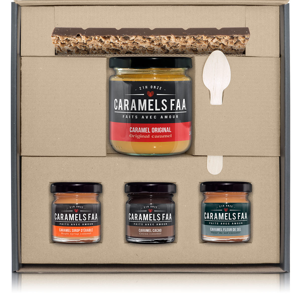 Caramels FAA gift set with jars and a box on a white background