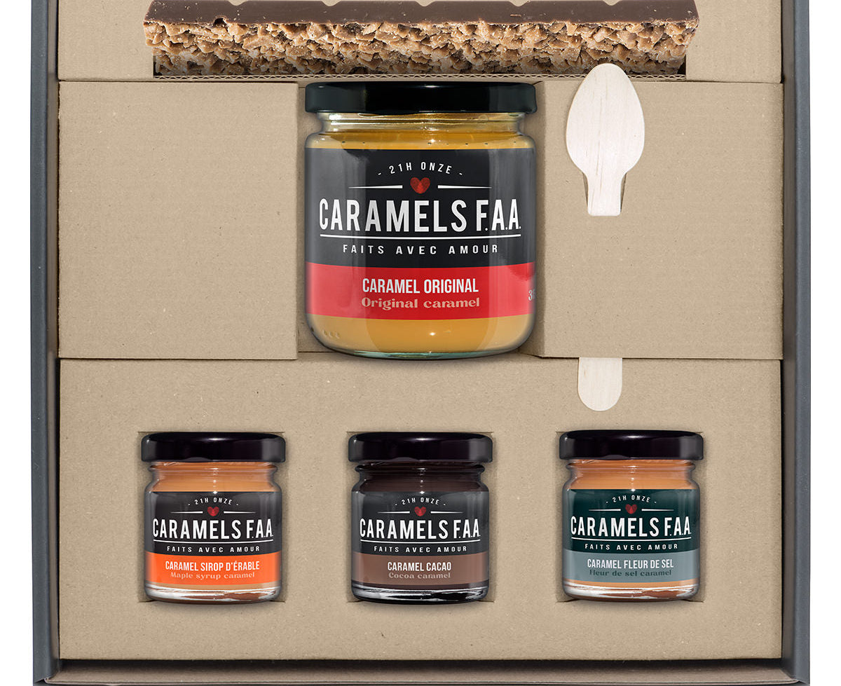 Caramels FAA gift set with jars and a box on a white background
