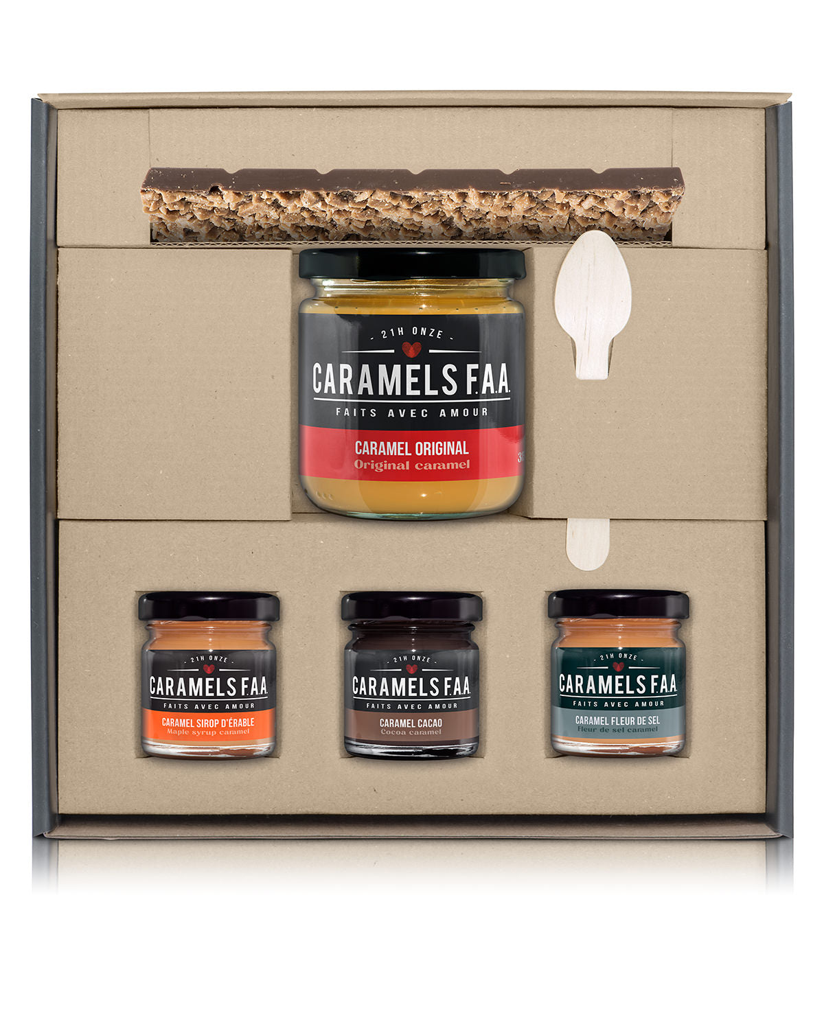 Caramels FAA gift set with jars and a box on a white background