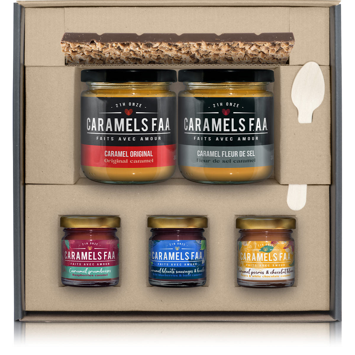Five jars of Caramels FAA in a decorative box with a white background