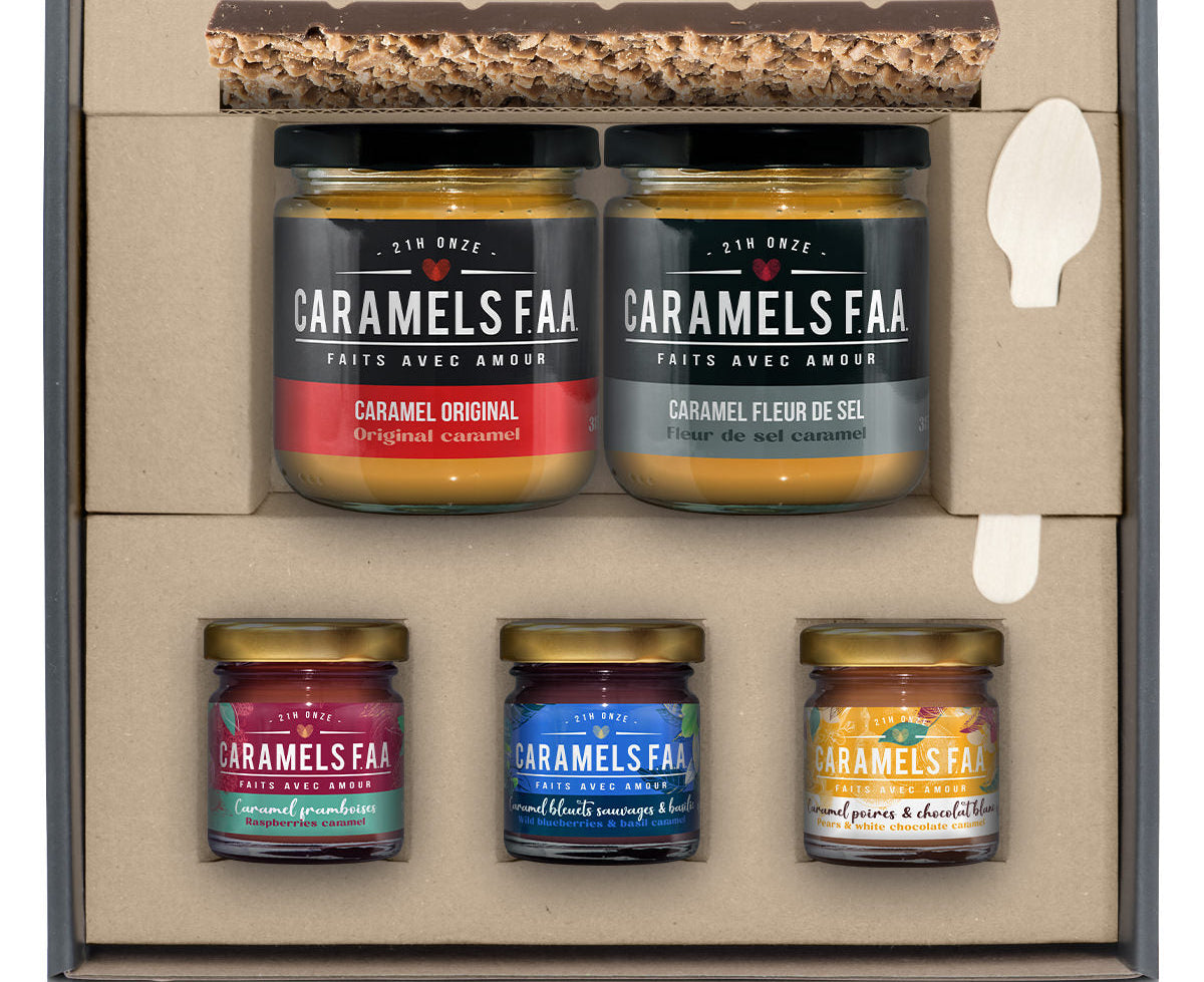 Five jars of Caramels FAA in a decorative box with a white background