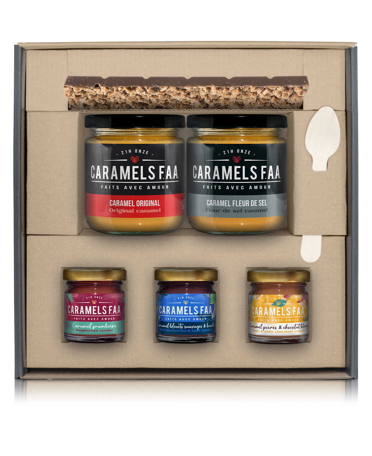 Five jars of Caramels FAA in a decorative box with a white background