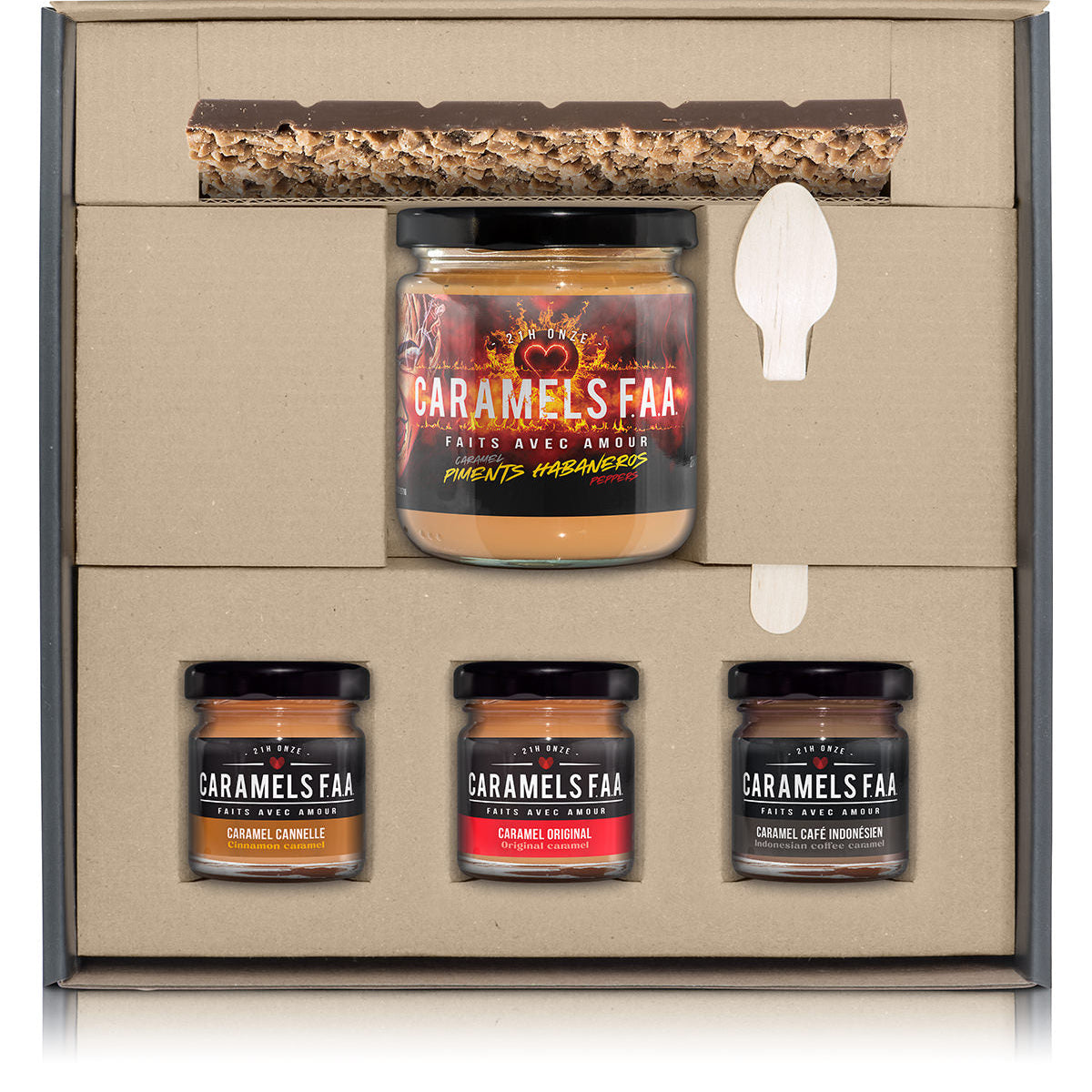 Caramels FAA gift set with jars and packaging on a white background