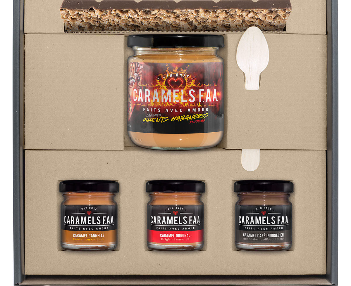 Caramels FAA gift set with jars and packaging on a white background