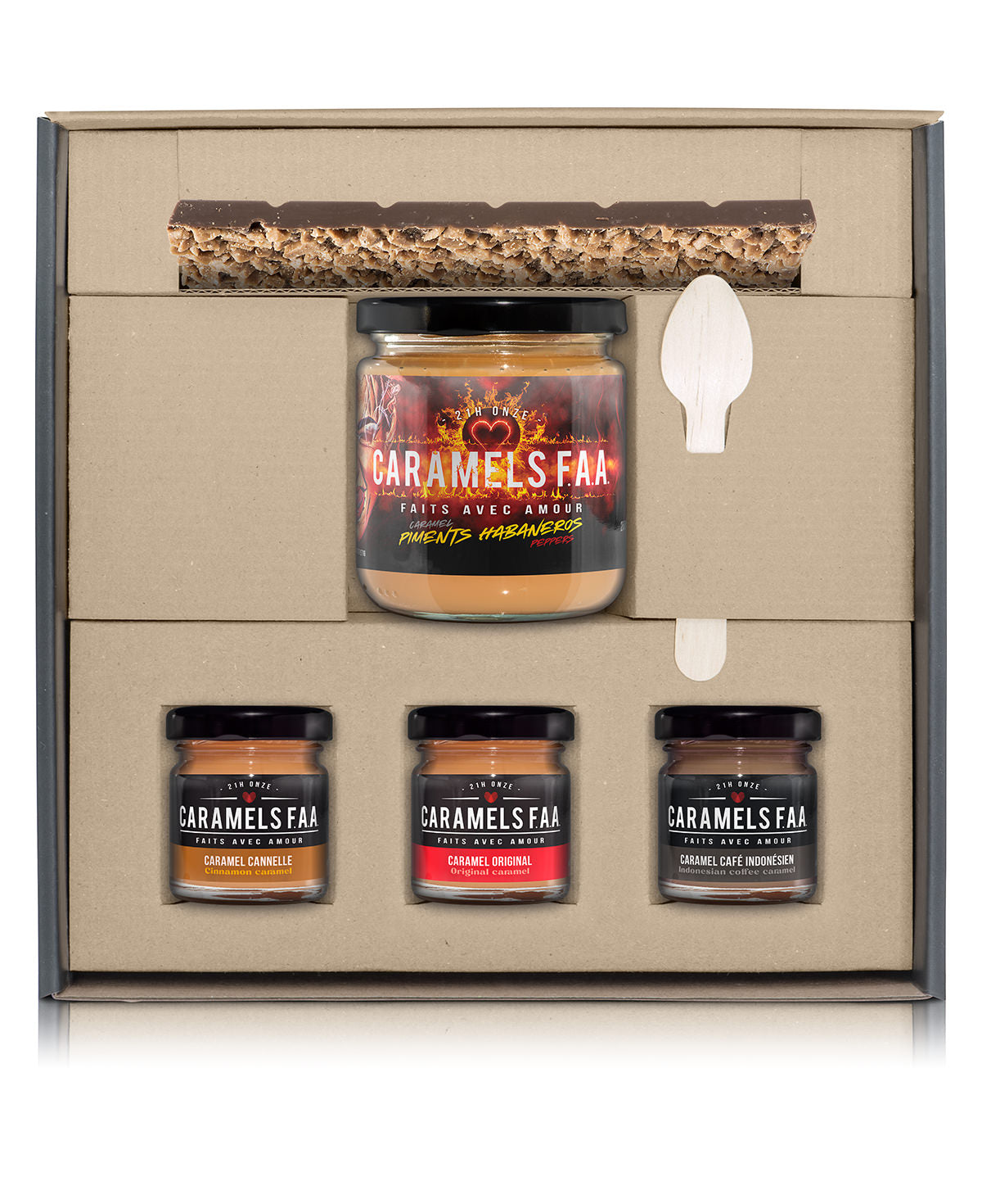 Caramels FAA gift set with jars and packaging on a white background