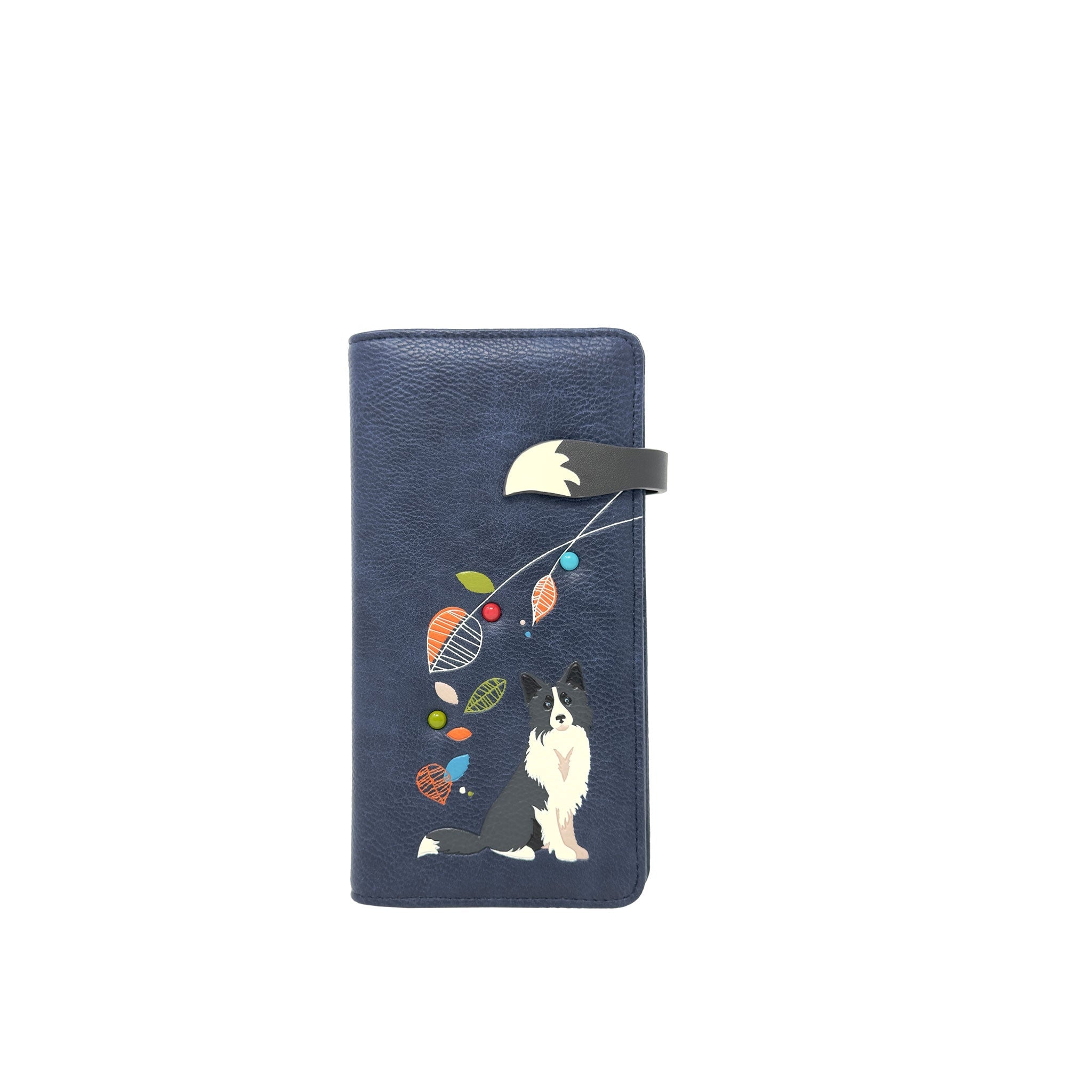Espe Vegan Corp dark blue textured leather wallet featuring a printed illustration of a black and white dog holding a string of colorful balloons, with a black strap closure.