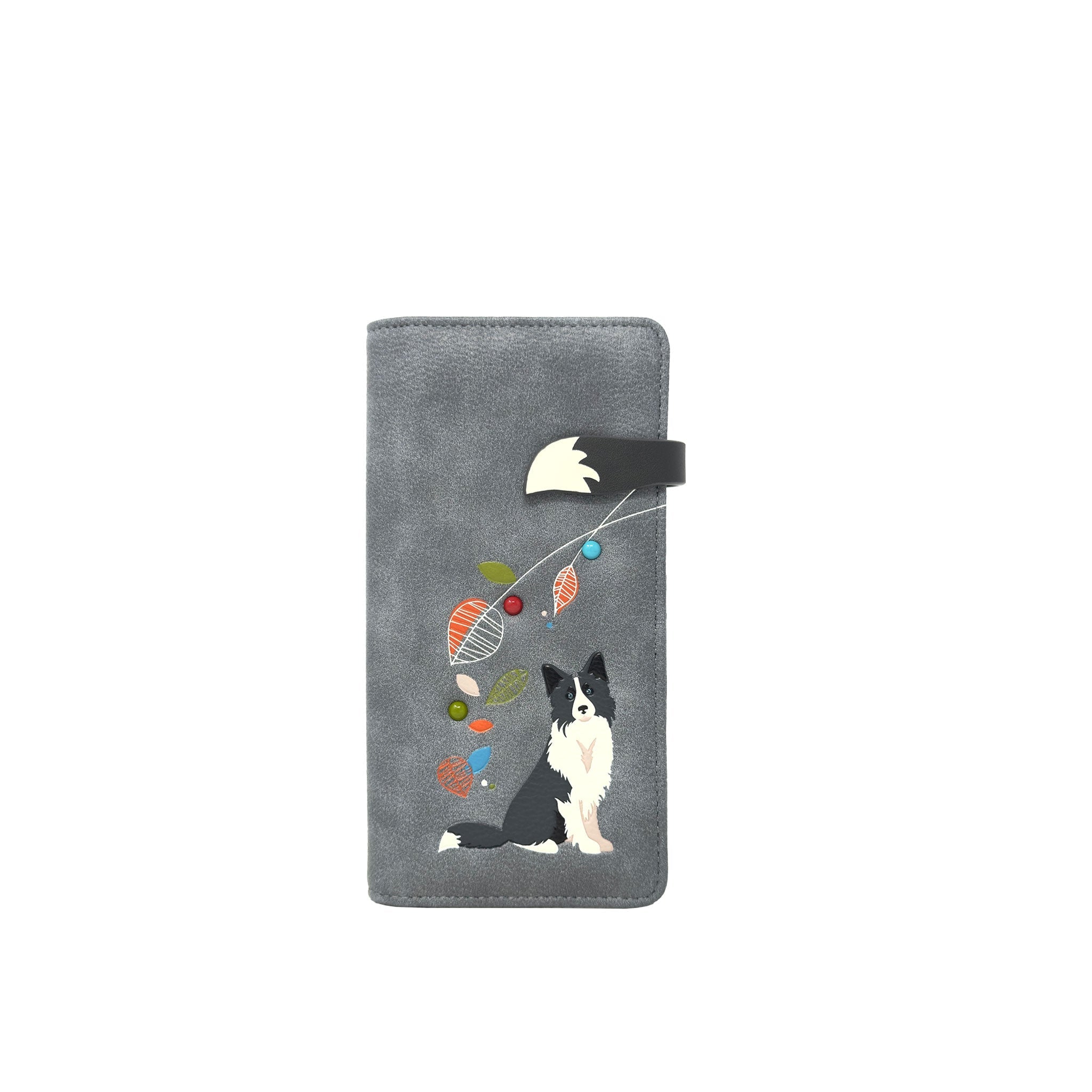 A Espe Vegan Corp grey textured wallet or phone case featuring an illustration of a black and white dog sitting below a colourful abstract string of leaves and a white bird, with a black strap closure at the top.