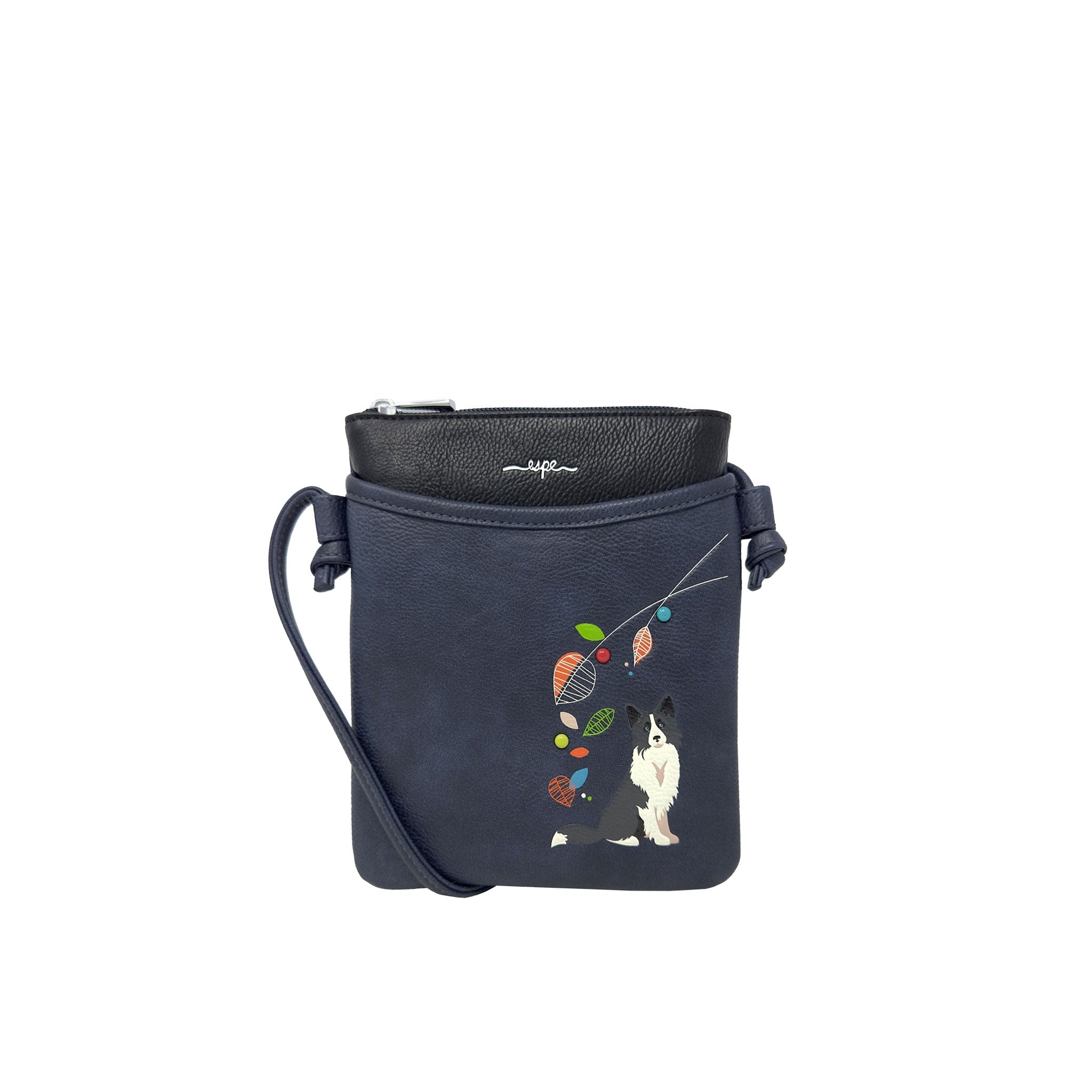A navy blue crossbody bag with a black leather top trim and strap, featuring a colorful illustration of a black and white dog playing with a string of colorful balloons. The brand name Espe Vegan Corp is printed in white on the black leather trim