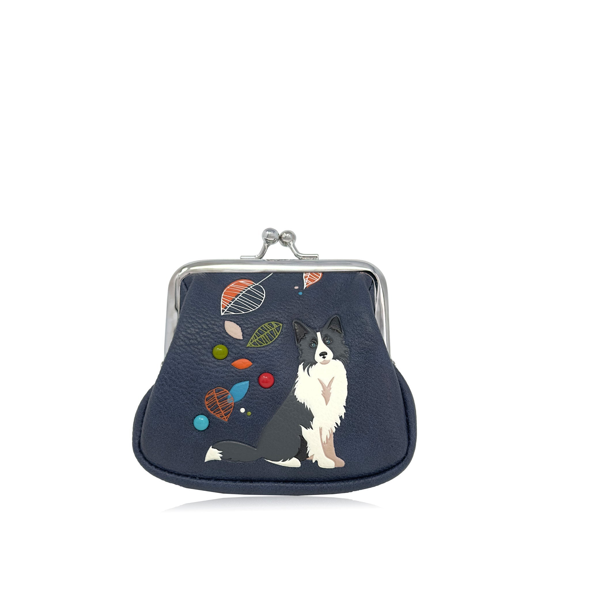 Espe Vegan Corp navy blue kiss-lock coin purse featuring a black and white Border Collie illustration and colorful abstract shapes on a clean white background.