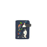 A navy blue Espe Vegan Corp wallet featuring a black and white Border Collie illustration, colorful yarn balls, and a dark gray strap, shown on a plain white background.