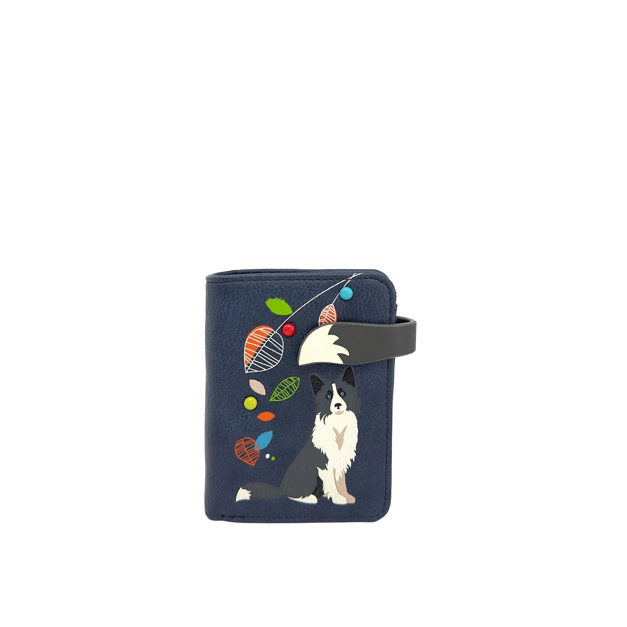 A navy blue Espe Vegan Corp wallet featuring a black and white Border Collie illustration, colorful yarn balls, and a dark gray strap, shown on a plain white background.