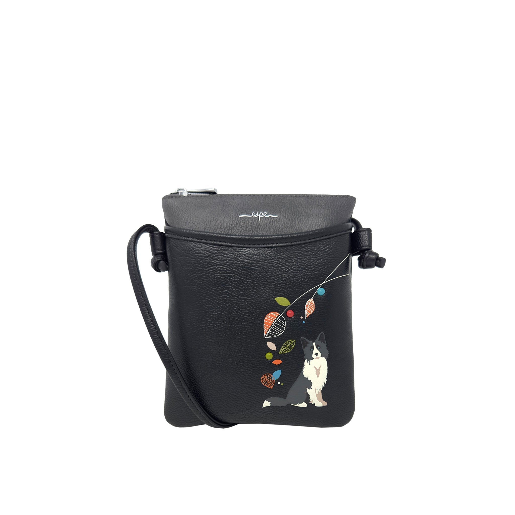 Black handbag with a cat and flower design on a white background