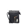 Black handbag with a cat and flower design on a white background