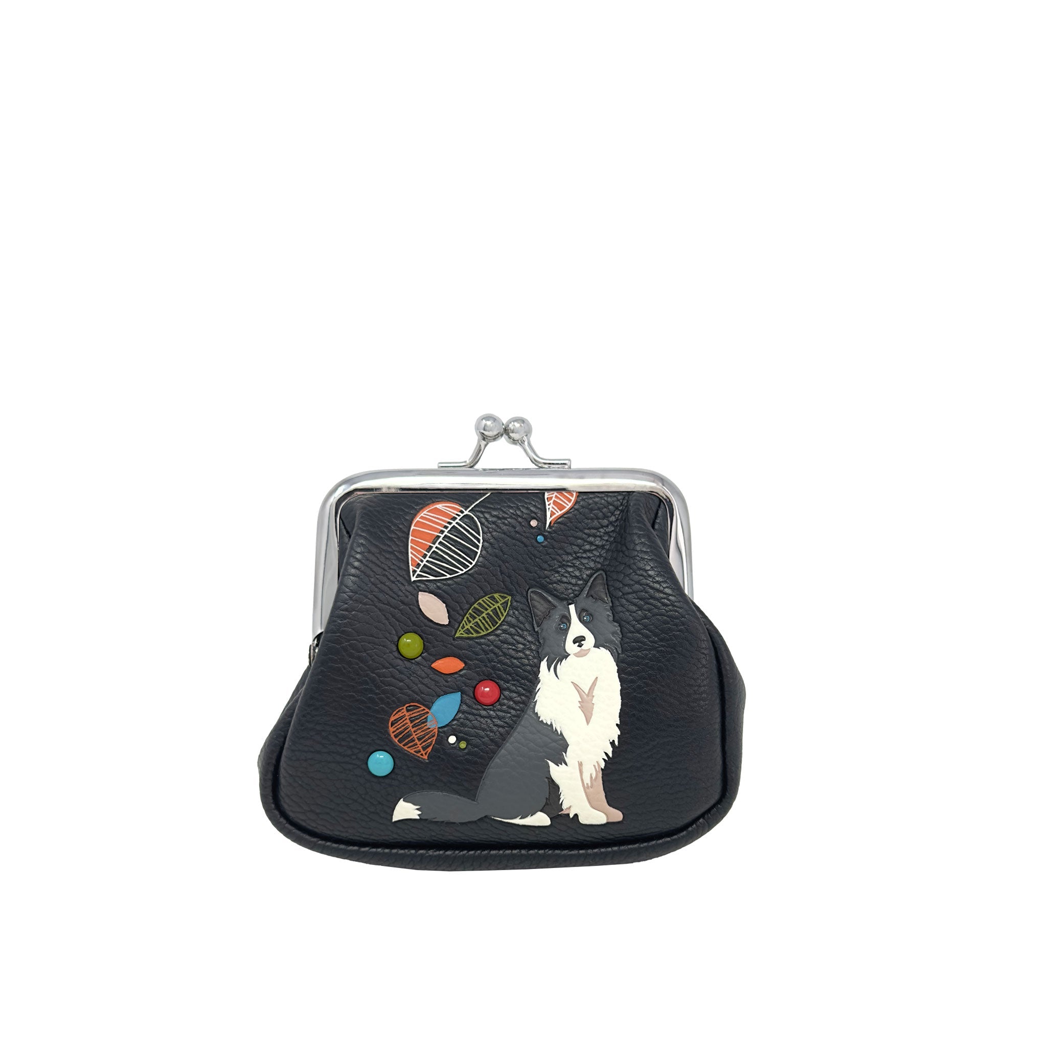A small black Espe Vegan Corp kiss-lock coin purse featuring a printed illustration of a black and white dog surrounded by colorful abstract shapes, set against a plain white background.