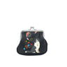 A small black Espe Vegan Corp kiss-lock coin purse featuring a printed illustration of a black and white dog surrounded by colorful abstract shapes, set against a plain white background.