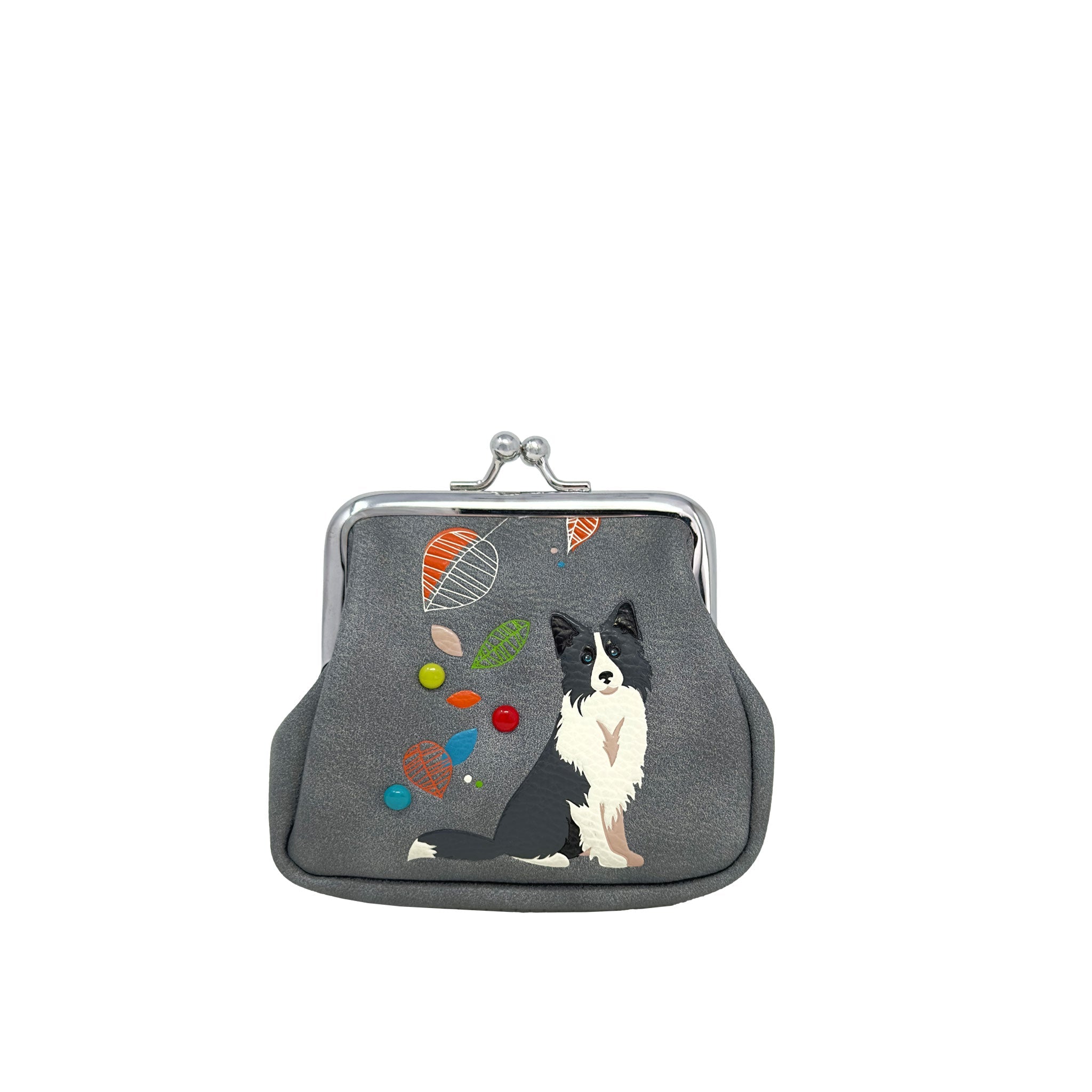 Espe Vegan Corp grey kiss-lock coin purse featuring a printed illustration of a black and white Border Collie dog with colorful paint splatters and paint palettes, set against a plain white background.