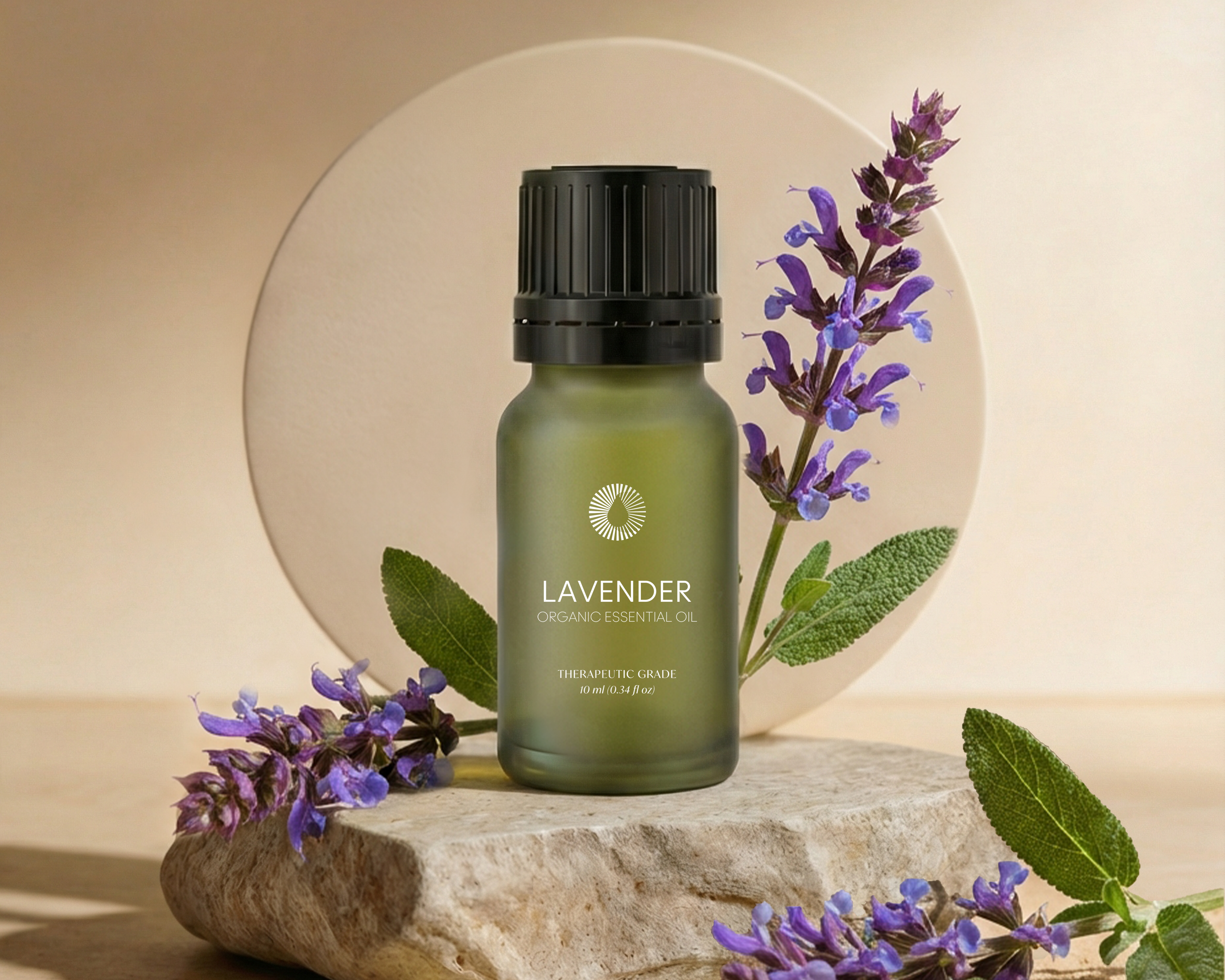 Green lavender essential oil bottle on a stone surface with lavender flowers and leaves.