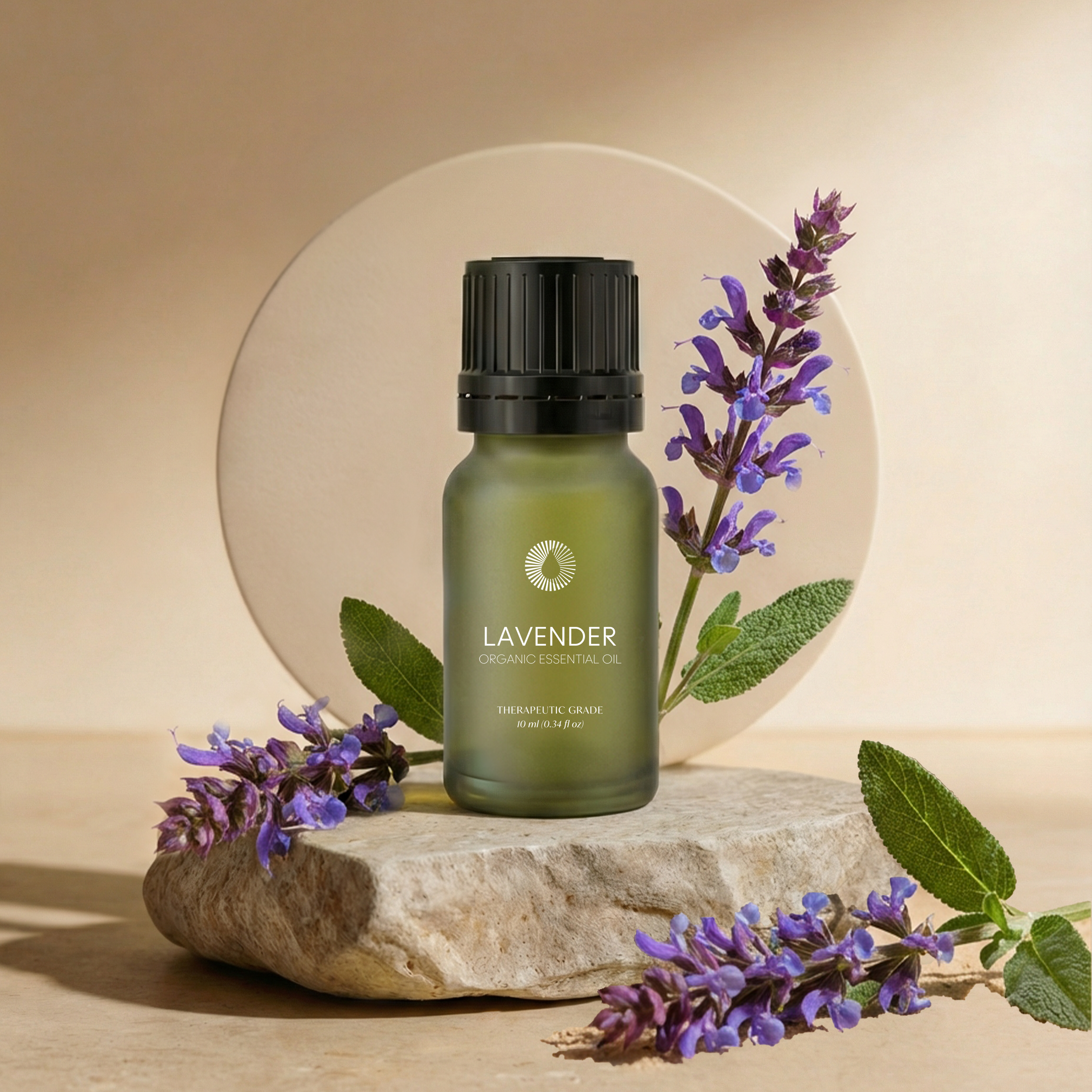 Green lavender essential oil bottle on a stone surface with lavender flowers and leaves.