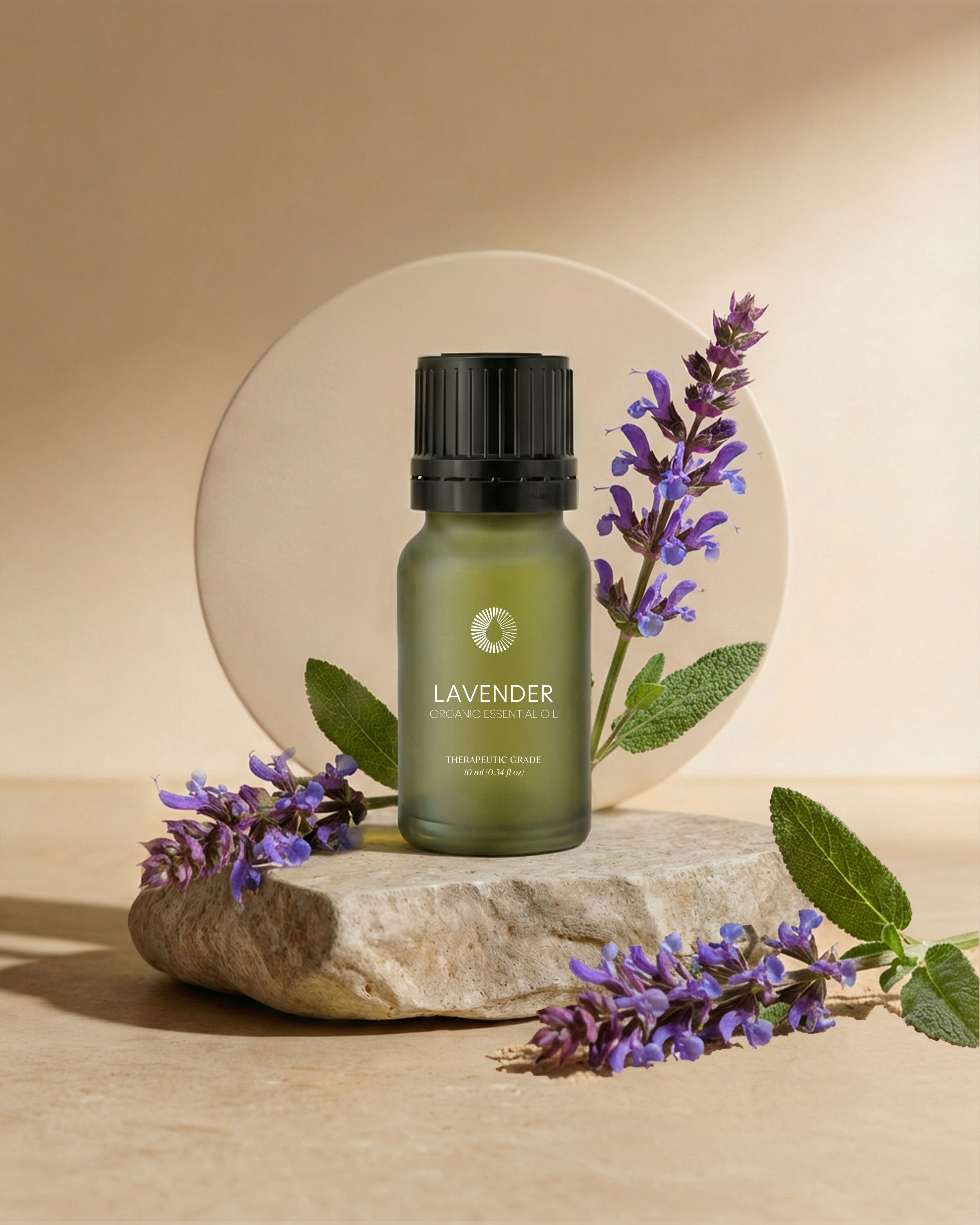 Green lavender essential oil bottle on a stone surface with lavender flowers and leaves.