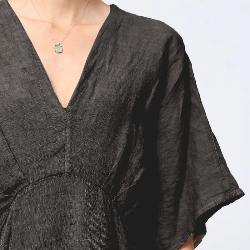 Linen tailored summer full length A-Line dress charcoal grey neck detail