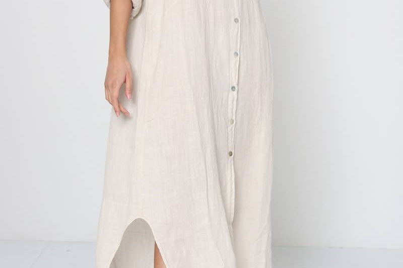 Long Linen dress featuring collar and front button up 100% Italian linen front beige