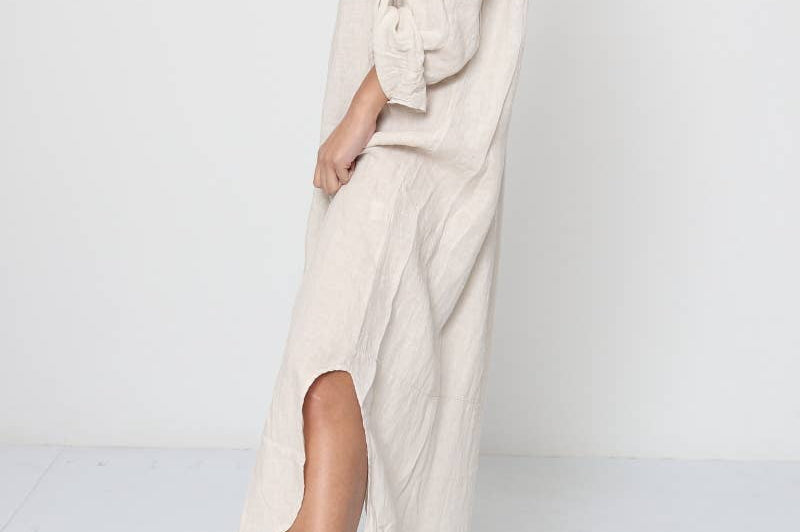 Long Linen dress featuring collar and front button up 100% Italian linen side beige