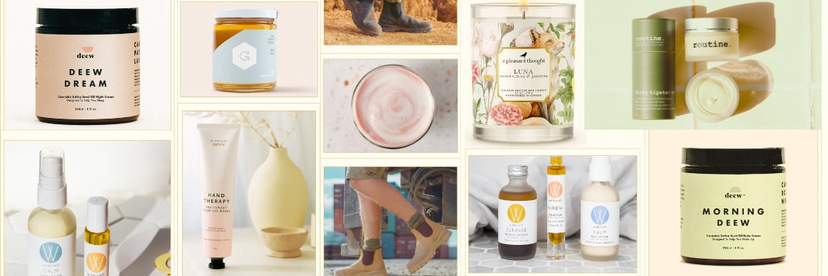 Collage of various skincare and beauty products with visible branding.