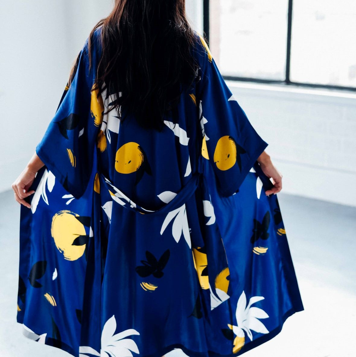 Birds of Paradise Kimono Robe – Luna – Back View Indoor Setting