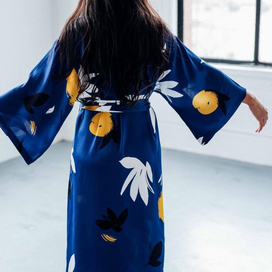 Birds of Paradise Kimono Robe – Luna – Blue Floral Profile Shot