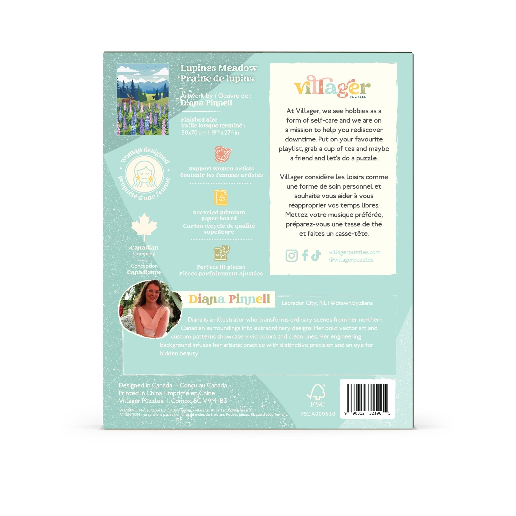 Product packaging with branding and text on a light blue background