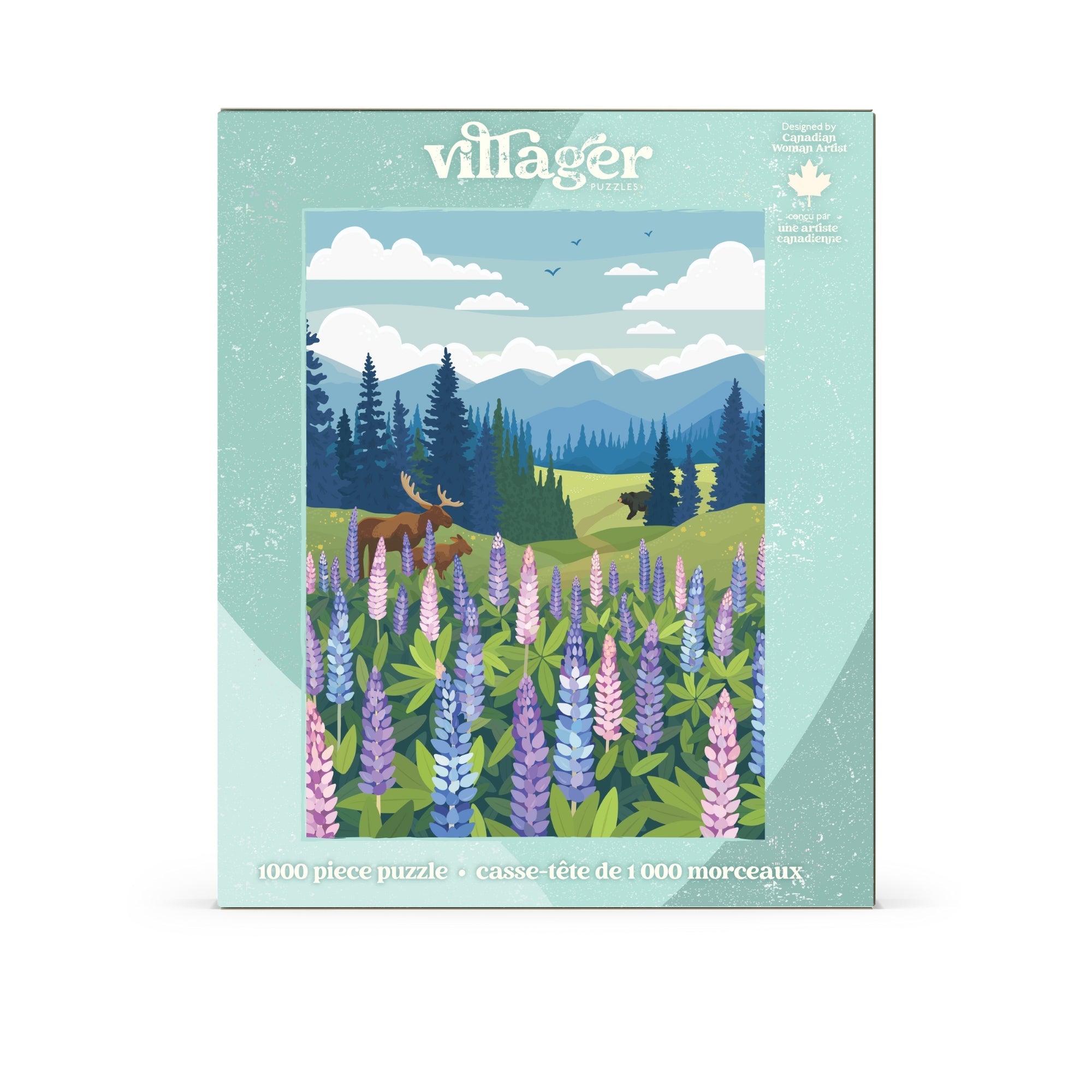 Villager 1000 piece puzzle packaging with a forest and deer design on a light blue background.