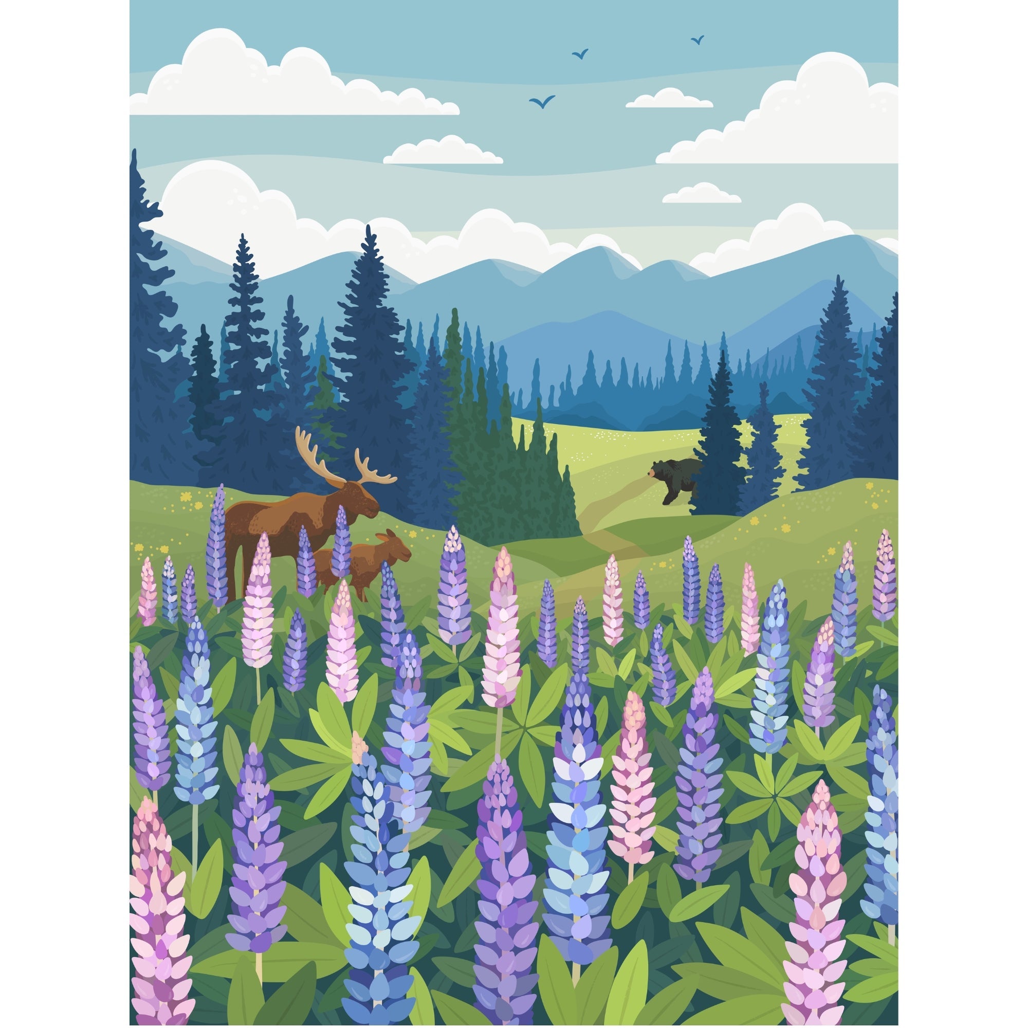 Scenic landscape with mountains, trees, and flowers with animals
