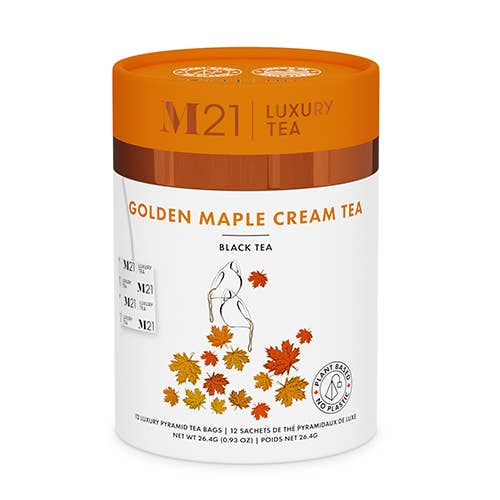 M21 Maple Golden Cream Tea canister with eco-friendly packaging and luxury pyramid tea bags.