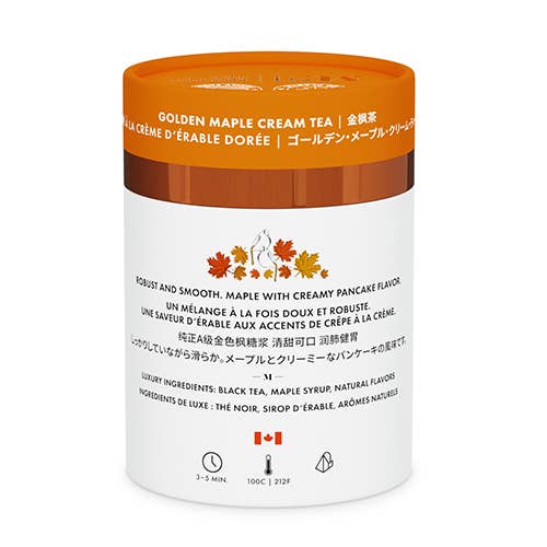 Maple Golden Cream Luxury Tea canister with creamy pancake flavor, eco-friendly packaging, 12 plant-based tea bags.
