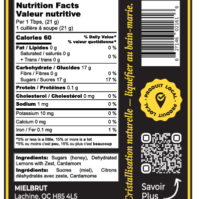 Nutrition facts label and product information on a black background