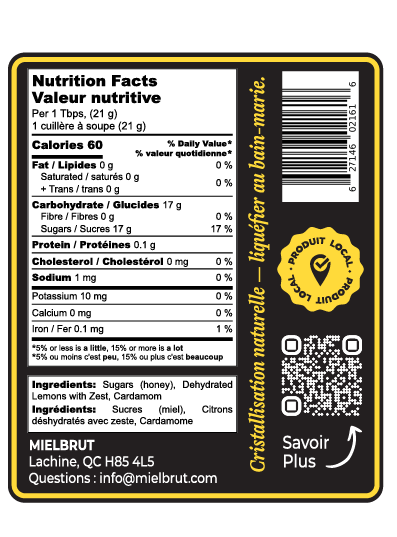 Nutrition facts label and product information on a black background