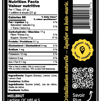 Nutrition facts label and product information on a black background