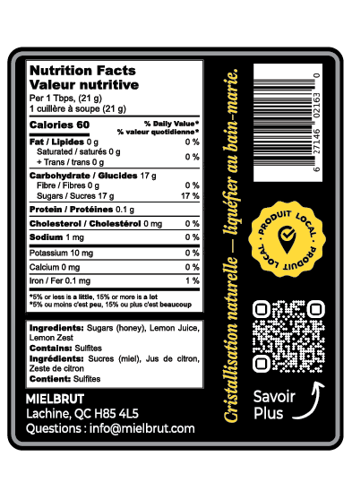Nutrition facts label and product information on a black background