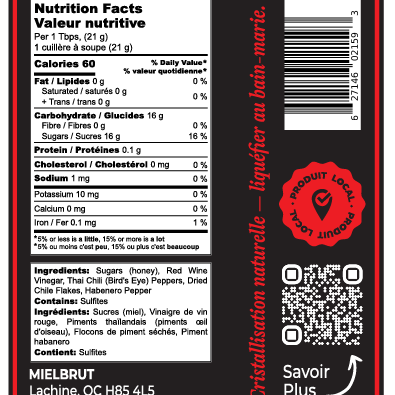 Nutrition facts label and product details on a black background with red accents.