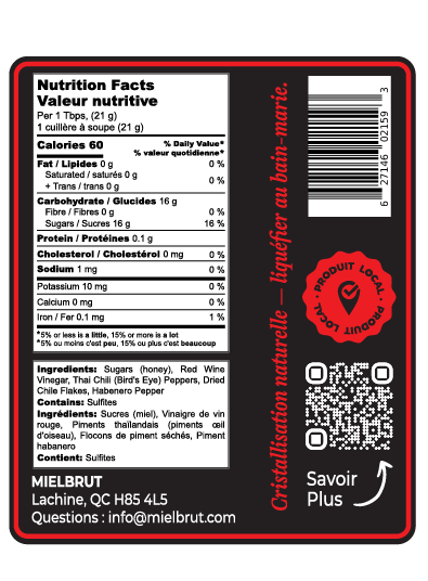 Nutrition facts label and product details on a black background with red accents.