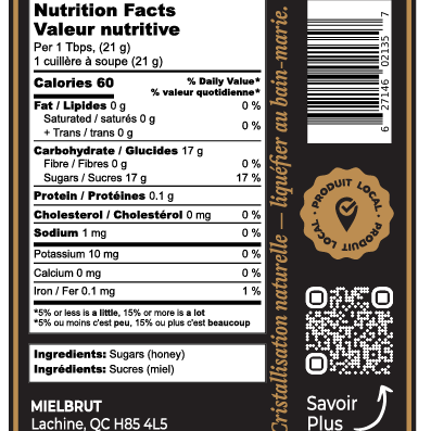 Nutrition facts label for a product with a QR code and brand logo.