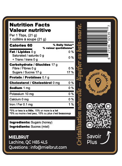 Nutrition facts label for a product with a QR code and brand logo.