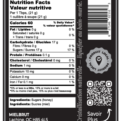 Nutrition facts label for a product with a QR code and contact information.
